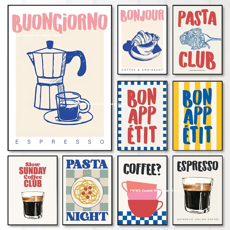 Bon Appetit Typesetting Küche Leinwanddruck Moka Pot Espresso Kunstposter für modernes Wohnzimmer Esszimmer Home Decor Geschenk