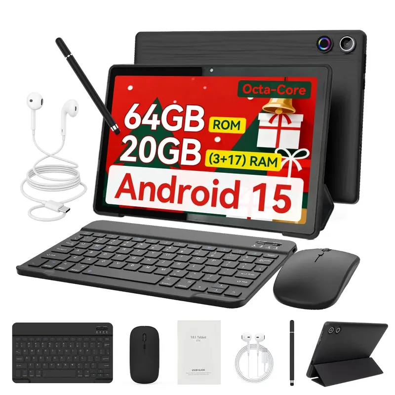 Android15 Tablet 10 Zoll 20GB RAM 64GB ROM Erweiterbar auf 1TB WIFI6 WidevineL1 GMS 5000mAh Stift Tastatur Maus Kopfhörer Hülle Set