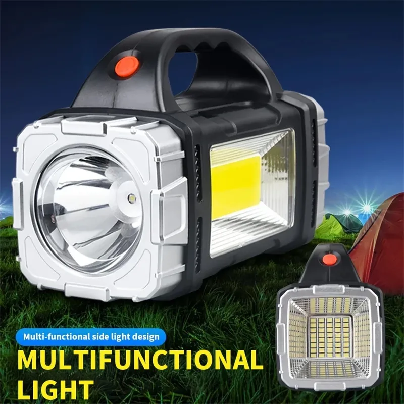 Tragbare, leistungsstarke, wiederaufladbare USB-Taschenlampe, Solar-LED-Licht mit COB-Arbeitslicht, 4-Gang-Aufladung, Handy-Camping-Lampe