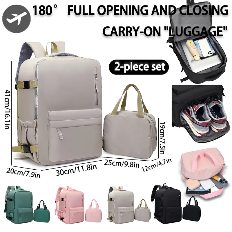 2-teilig 40×30×20cm 180 °     Vollständig zu öffnendes Rucksack-Set, großer Handgepäckkoffer mit Tragetasche für Reisen, Geschäft, Schule & tägliche Pendlerweg.