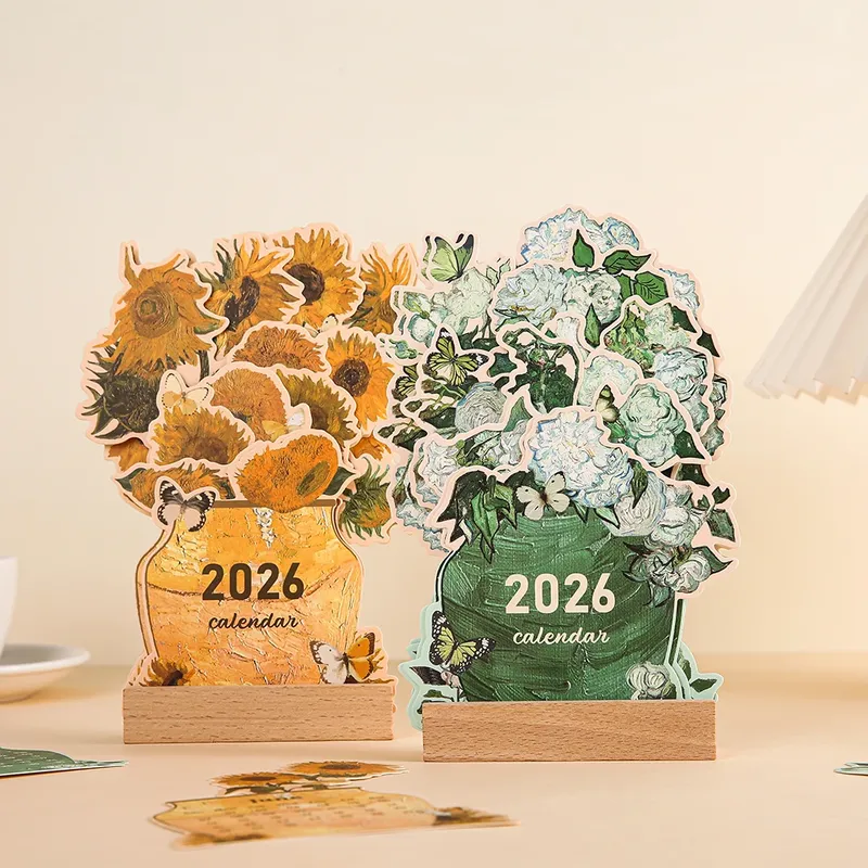 2026-Tischkalender mit Karteneinsatz, Vintage-Gemälde, Monatsplaner mit Holzsockel, Desktop-Dekoration für Monatsplan-Organizer