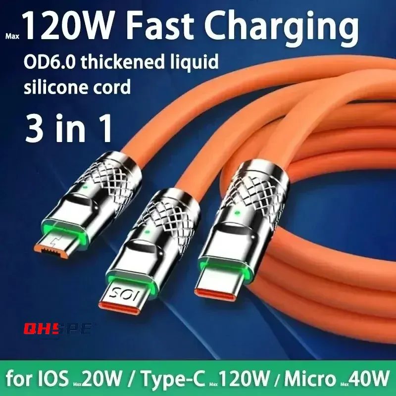 120 W 6 A Schnellladekabel vom Typ C Micro3 in 1 Micro-USB-iPhone-Ladekabel Samsung Huawei Xiaomi Telefon-Ladegerät USB-Kabel
