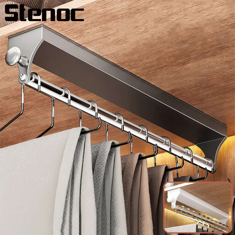 Pull Push Einstellbare Top Montage Schrank Innen Teleskop Hängen Stange Garderobe Versenkbare Rutsche Track Kleidung Organizer