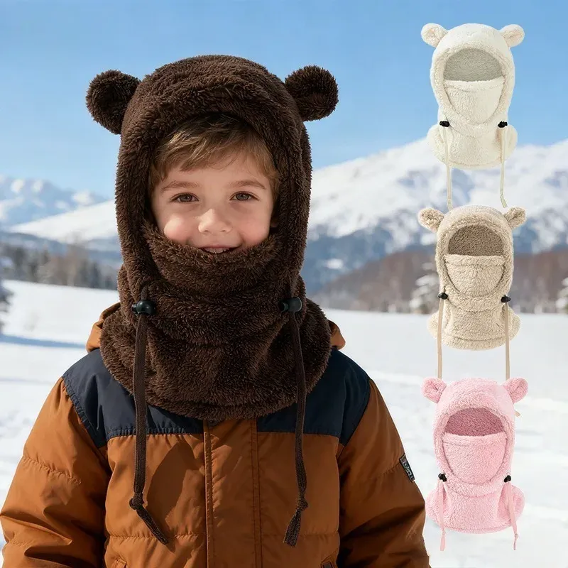 Integrierte kältebeständige Mütze und Schal, winterliche, kältebeständige, ohrenschützende und winddichte Gesichtsmaske für Jungen und Mädchen im Alter von 3 bis 10 Jahren