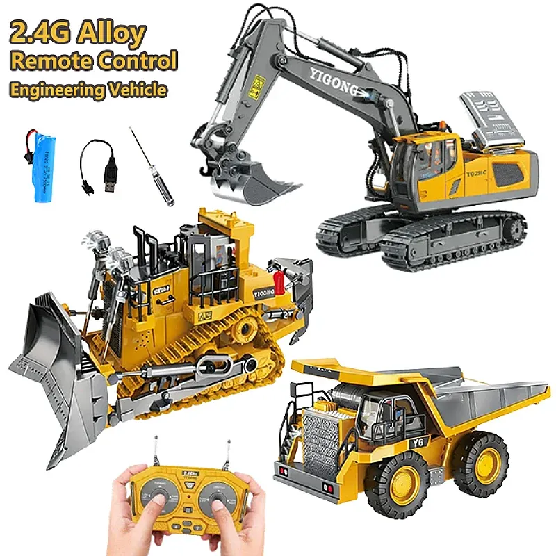 Fernbedienung Bagger Bulldozer Spielzeug für Kinder 2,4 GHz RC Baufahrzeug LKW Spielzeug mit Legierung Metallkappe Licht & Sound Junge Spielzeug