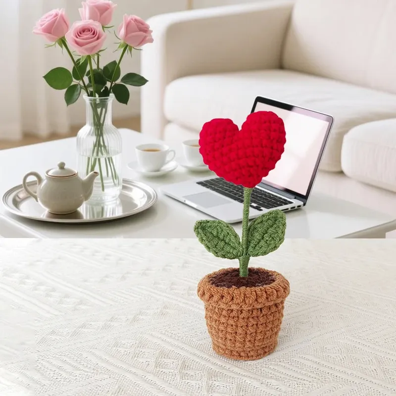 Warme und romantische kleine Ornamente, handgehäkelte rote Herzrosen, kleine Topfpflanzen, Fensterbank, Desktops, Schlafzimmer, Wohnzimmer, Arbeitszimmer, Dekorationen, Geburtstag, Hochzeit, Vorschläge, Geburtstag, Valentinstagsgeschenke