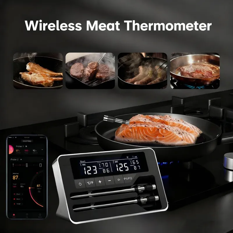 Fleischthermometer, kabellose Sonde, Bluetooth, digitales Lebensmittelthermometer, unterstützt mobile APP mit LCD-Bildschirm für Ofen, Smoker, BBQ, Grill