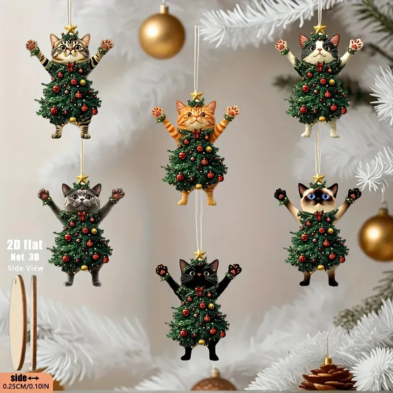 6 stücke 2D Flache Holz Weihnachten Katze Ornamente Nette Weihnachtsbaum Katze Anhänger Festival Liefert Home Party Dekoration Urlaub Geschenk
