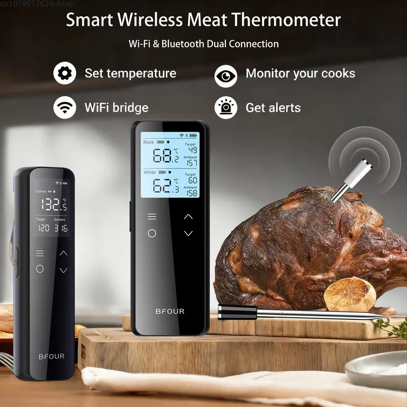 Kabelloses Fleischthermometer mit WiFi & Bluetooth –  für perfektes Grillen & Kochen – APP-Alarm inklusive – ideal für Grill, Ofen & Heißluftfritteuse