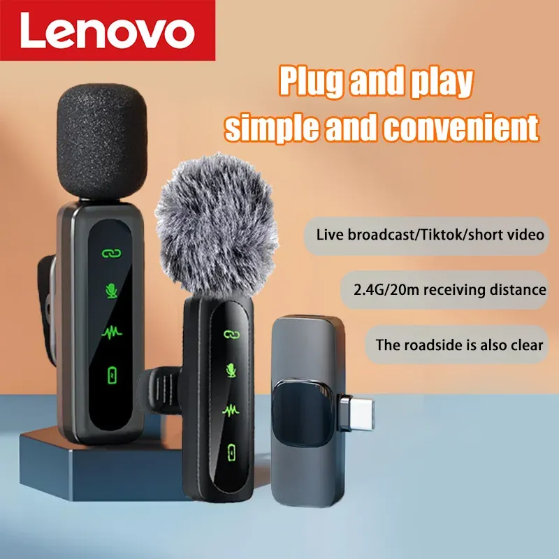 Lenovo Lavalier Kabelloses Mikrofon, 80 mAh, wiederaufladbarer Akku, aufsteckbares Podcast-Mikrofon für Streaming, Sprachaufzeichnung, Plug & Play
