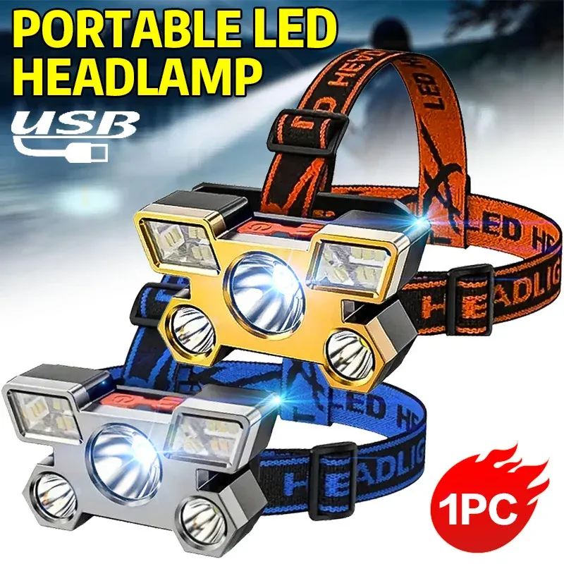 5-LED-Taschenlampe, wiederaufladbar, mit eingebauter Lithium-Batterie, starkes Kopflicht, Camping, Abenteuer, Angeln, Radfahren, Stirnlampe