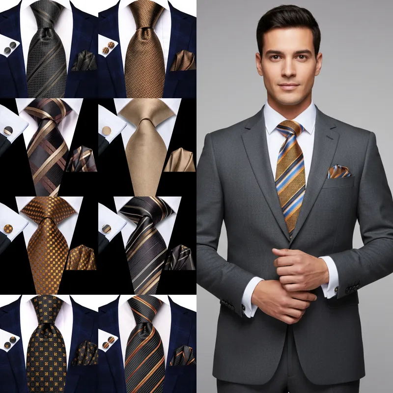 Hi-Tie 3-teiliges Herren-Krawatten-Set, Braungold, Blumenmuster, Streifen, solide Krawatte, Einstecktuch, Manschettenknöpfe, Set, Hochzeit, formell, lässig, Büro, Party
