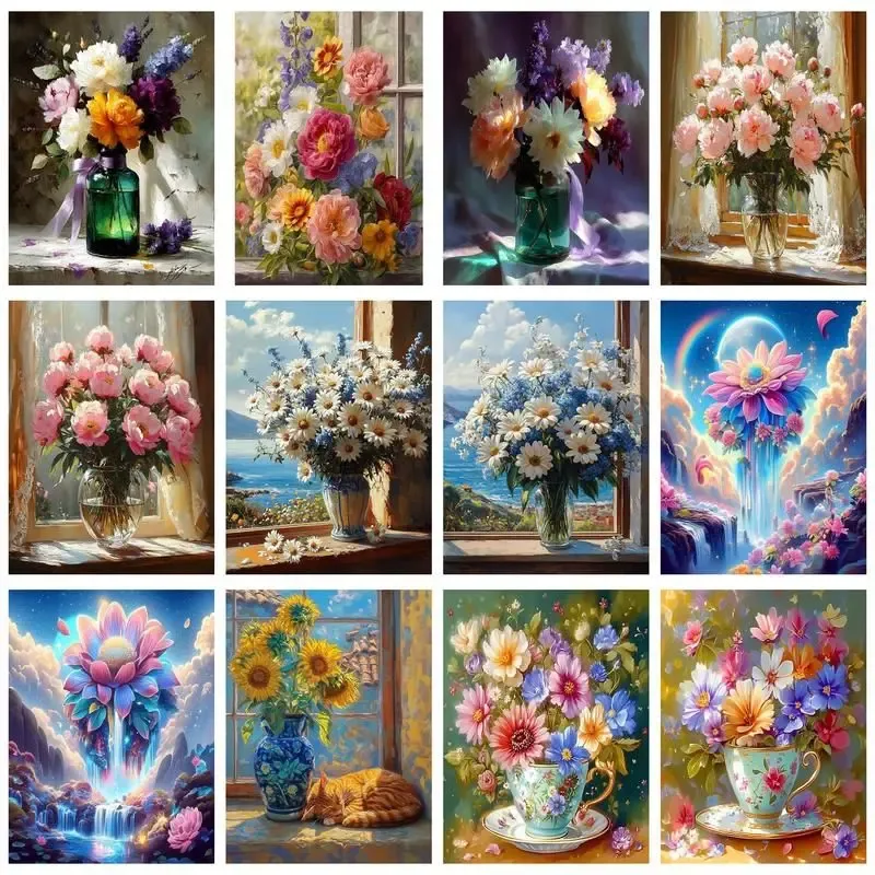CHENISTORY 40x50cm Malen nach Zahlen Blumen Vase Malen auf Leinwand Bilder nach Zahlen DIY Rahmen Heimdekoration