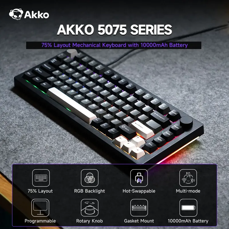 Akko 5075 V3 75 % mechanische Tastatur 8000/10000 mAh 2,4 GHz kabellos/kabelgebunden Typ-C/BT 5.0 Hot-Swap-RGB-Dichtung für Gaming-Typen