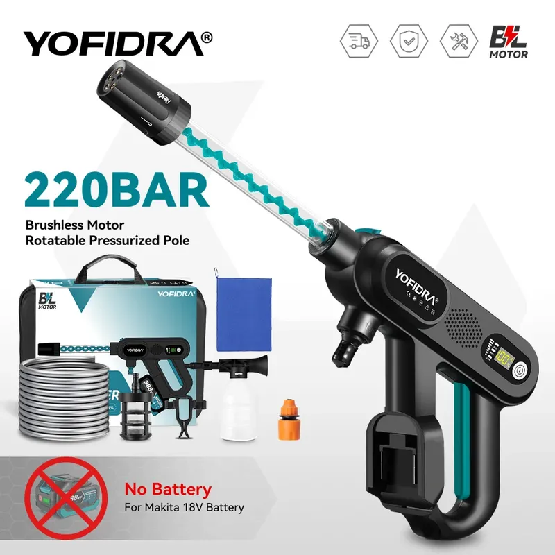YOFIDRA 5IN1 Bürstenlose Elektrische Hochdruck Auto Waschmaschine Pistole 220Bar Cordless Waschen Wasser Spritzpistole Für Makita 18V Batterie pin