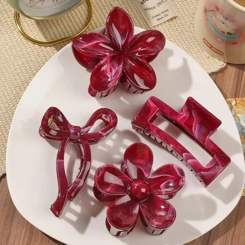 4 Stücke Herbst Winter Burgund Bogen Quadratische Blume Haarklammern für Frauen MultiStyle Rot Mode Haarschmuck Kopfbedeckung Haarnadel