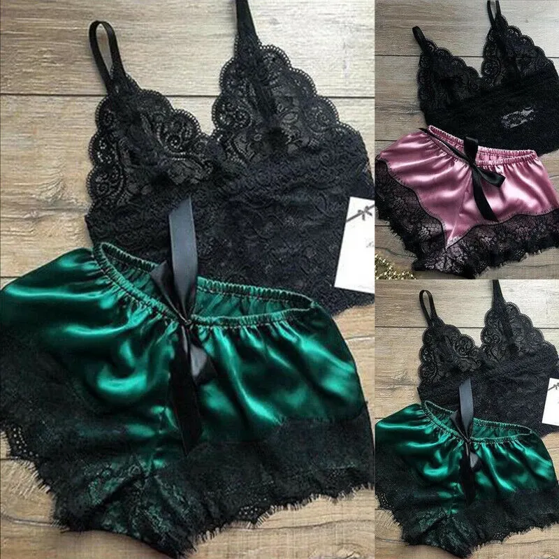 2PCS Women Pajama Suit Fashion V-Neck Lace Sexy Lingerie Pyjamas Sleep Tops Shorts Set Babydoll Casual Pajamas Nightwear