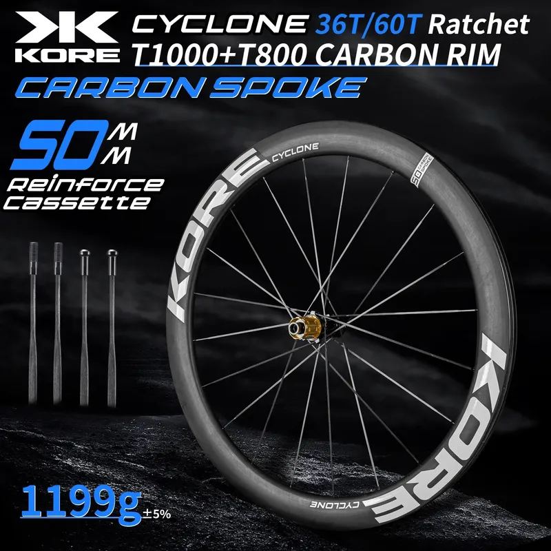 KORE Carbon-Speichenlaufradsatz – 50 mm – T1000 Carbonfelgen 36T/60T Ratchet-Nabe XDR/HG 700C Design für ultraleichte Rennrad-Performance