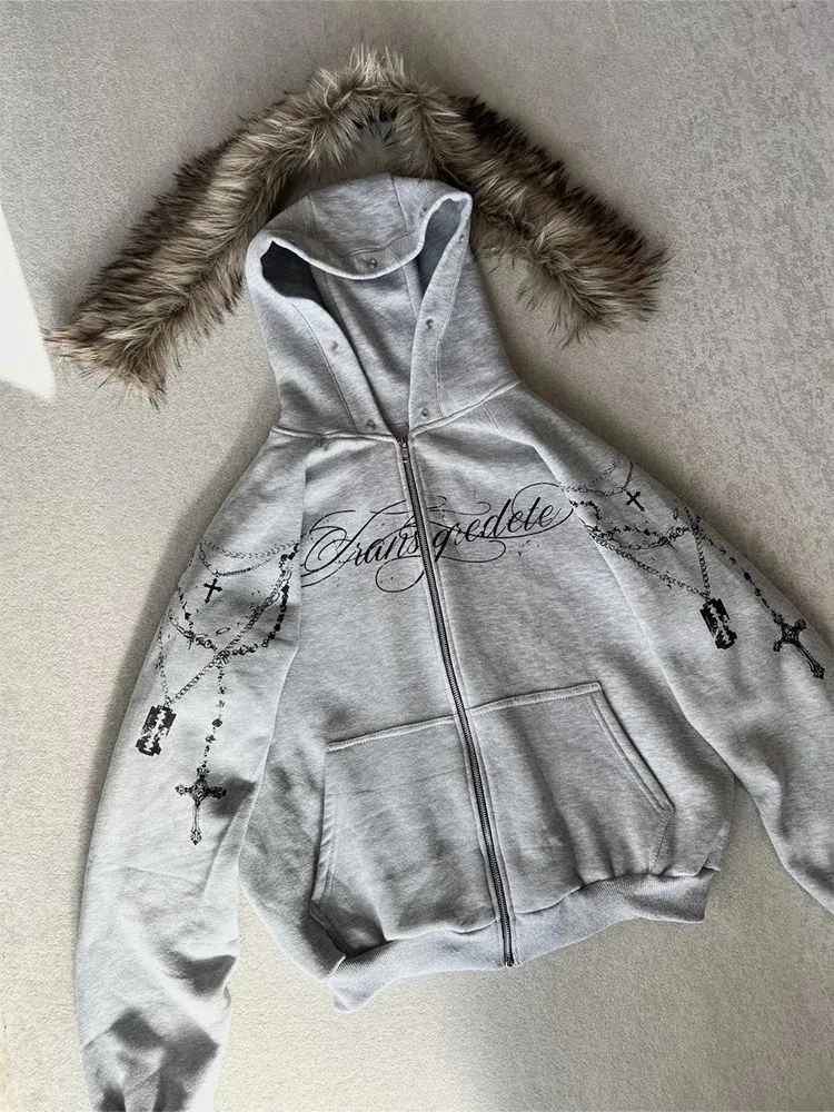 Winter Mode Streetwear Damen Gothic Punk Kunstfell Kapuzenjacke mit Kreuz-Print Trendige Edgy Reißverschluss-Sweatshirt 2026 Neu