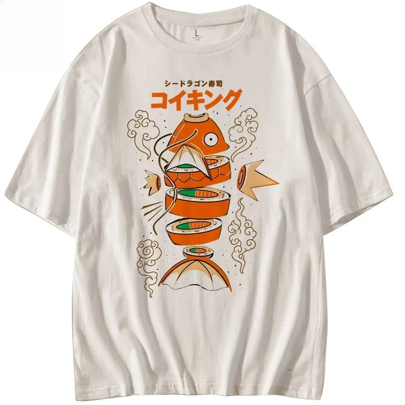 Japanischer Stil Pokemon King Carp Magikarp Sushi Sashimi Kurzarm-T-Shirt aus reiner Baumwolle Lose Herren- und Damen-Sommeroberteile