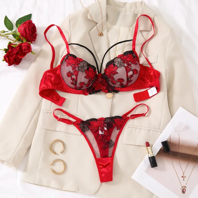 Zweiteiliges besticktes BH-Set – Damen-Dessous-Set mit Blumenstickerei – Schwarzes und rotes Unterwäsche-Set ZA825127