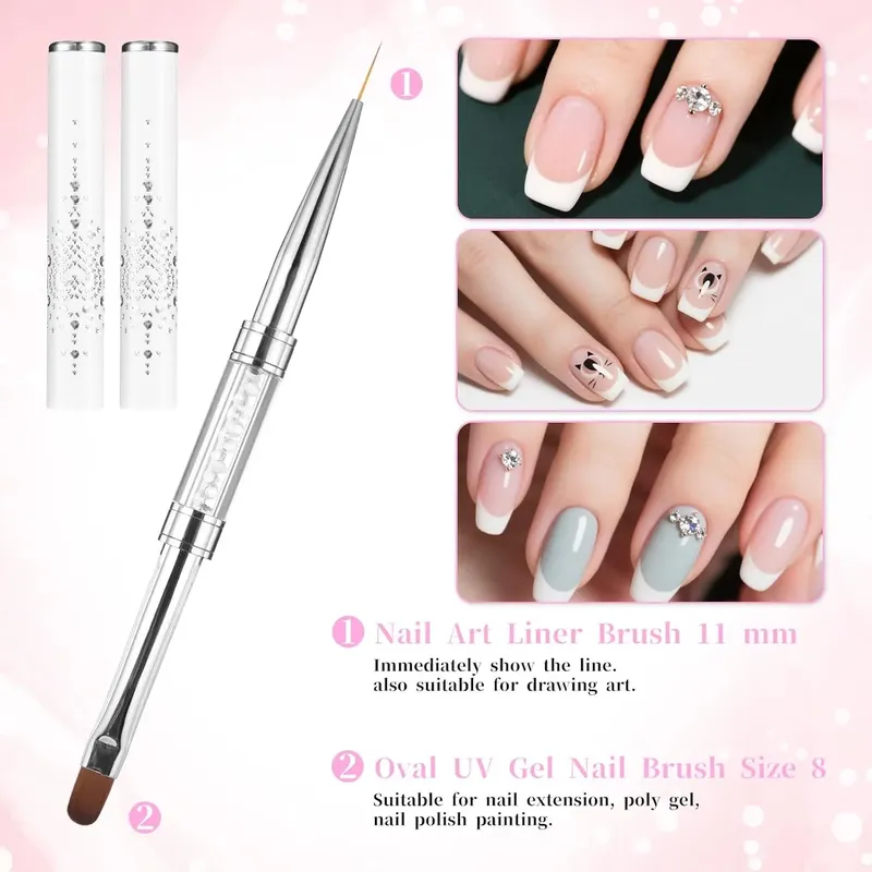 2 Stück Doppelseitige Nail-Art-Pinsel, Ovale Gel-Nagelpinsel mit Strass-Griff, French-Tip Nagel-Gel-Liner-Pinsel für Nageldesign - 3.17 EUR