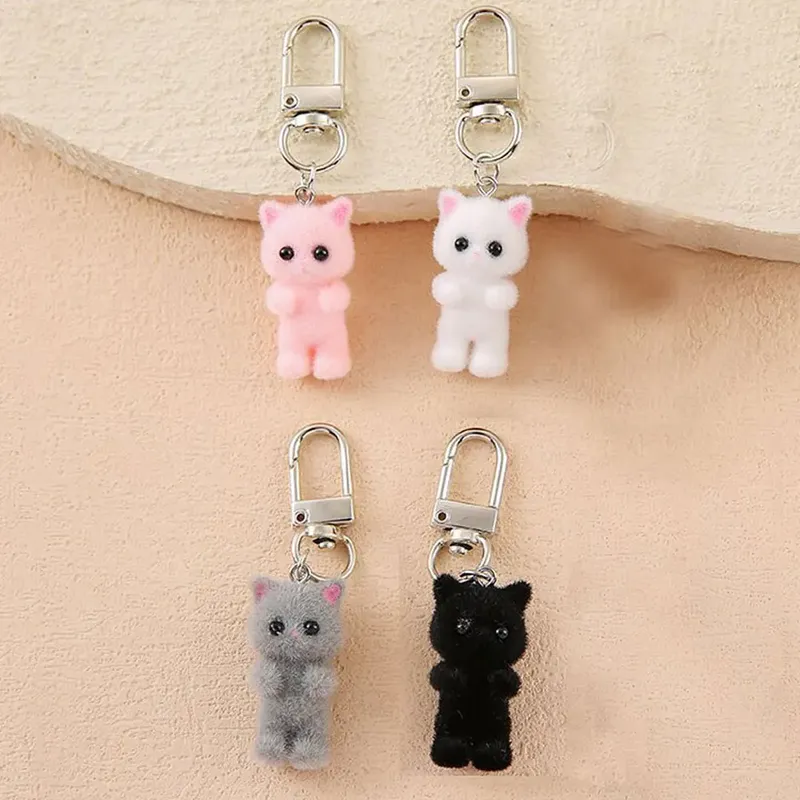 4 teile/paket Nette Beflockung Katze Schlüsselbund 3D Tiere Schlüssel Kette Liebe Telefon Anhänger Kopfhörer Charme Tasche Dekor Auto Schlüssel Ring schmuck Geschenk