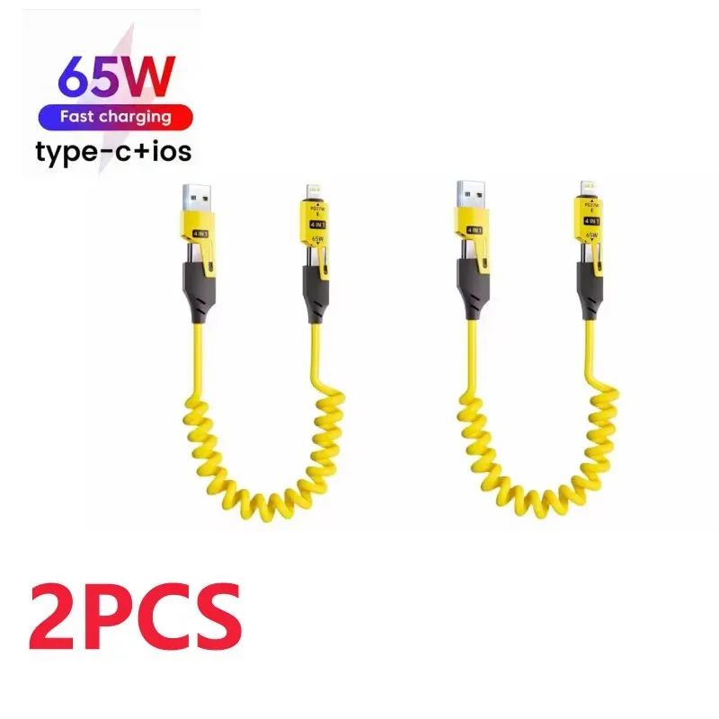 2PCS 4 in 1 65W Frühling Kurze Datenkabel 6A USB Typ C Frühling Teleskop Schnell Ladegerät Draht frühling USB Kabel für iPhone 15 141312