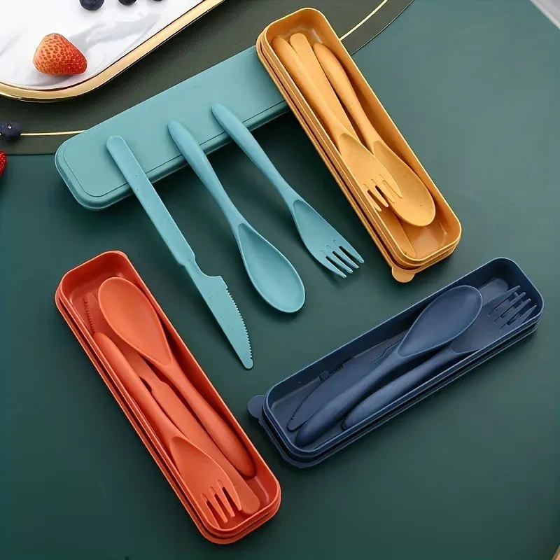 3-in-1 Tragbares Besteckset Wiederverwendbares Heim- und Reisebesteck Gabel Löffel Messer mit Box Geschirrset für Picknick und Camping