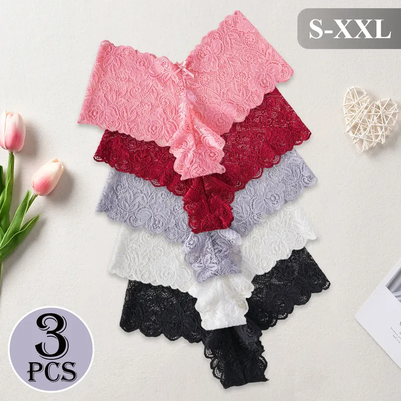 3PCS Elegante frauen Unterwäsche V-förmigen Taille Spitze Floral Stickerei Höschen Semi-Transparent Sexy Slip Einfarbig dessous - 4.93 EUR