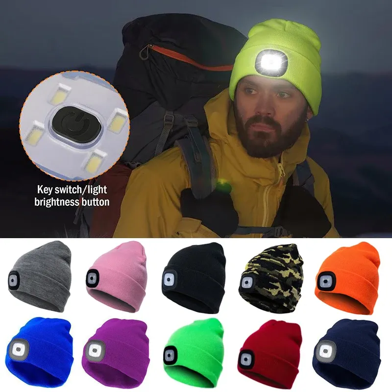 Winter Männer Beanie Hut mit LED Licht Wiederaufladbare Gestrickte Hut für Frau Kappe Nacht Laufen Angeln Reiten Sport Teenager Beanies