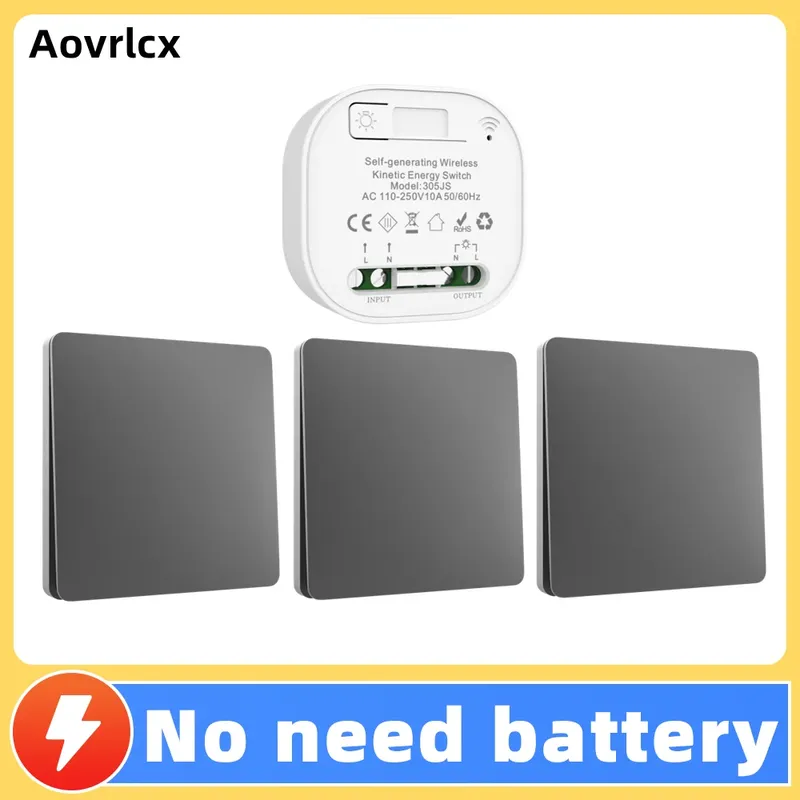 Smart Home Graue kabellose Schalter mit eigener Stromversorgung für Lichter, kinetisches Lichtschalter-Set, Fernlichtschalter, kabelloser Druckknopf