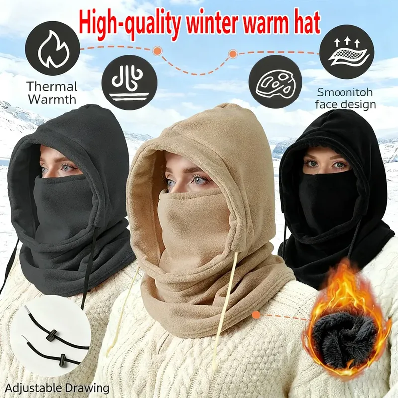 Unisex Winter-Sturmhaube, gestrickte Kapuze, winddicht, Fahrrad-Schal, Mütze, Herren und Damen, warme Fleece-Skimaske mit Kordelzug, Ausrüstung für kaltes Wetter