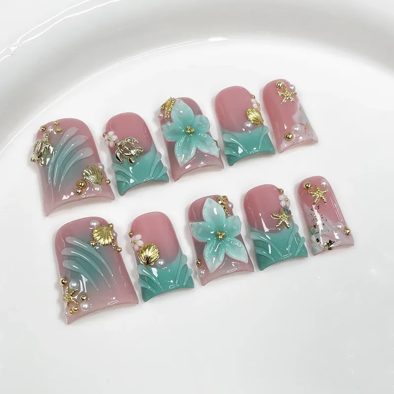 10 Stück künstliche Nägel im Ozean-Stil, Entenschnabel, zum Aufdrücken der Nägel, Set, handgefertigt, 3D-Blumen, Perlen-Nagelkunst, Farbverlauf, Rouge, französische Kunstnägel