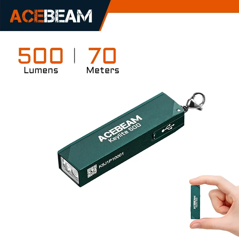 ACEBEAM Schlüsselanhänger-Taschenlampe Keylite 500 EDC Wiederaufladbare Taschenlampe mit Selbstverteidigungs-Stroboskopmodus und Dual-LED-Licht für Camping und Arbeit