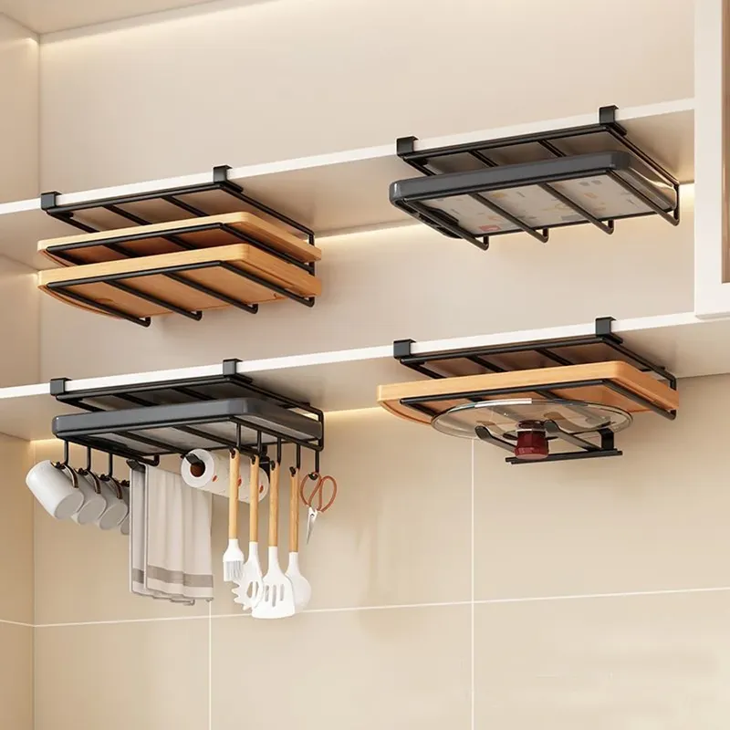 Hängendes Organizer-Rack für die Küche unter dem Schrank mit Haken, Mehrzweckhalter für Papierhandtuch, Schneidebrett und Topfdeckel