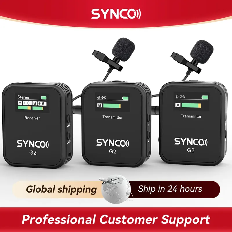 NEUES SYNCO Wireless Lavalier-Mikrofon G2(A2) Pro 2,4G Dual Sender 24 Stunden Aufnahme 656FT 8H für Online Vlog YouTube G2A2