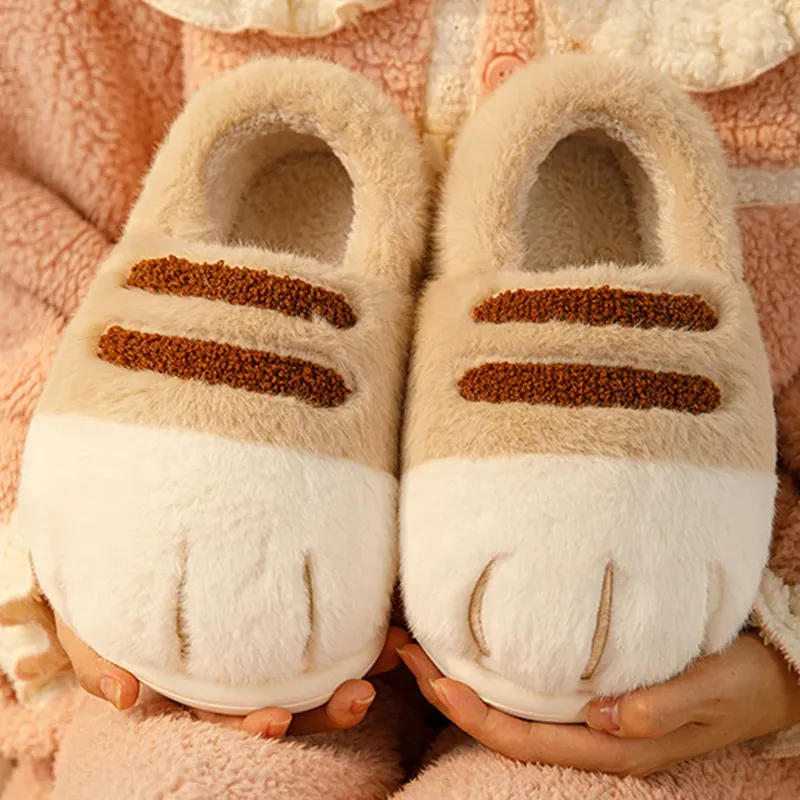 Warme Slip-on-Hausschuhe, 3D-Katzenpfoten-Plüsch-Hausschuhe, pelzige Pfote, Paar-Hausschuhe, rutschfeste, flache Thermo-Hausschuhe für das Schlafzimmer im Innenbereich
