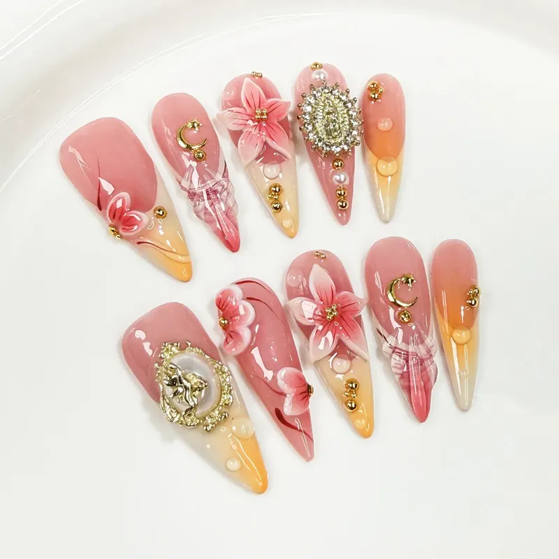 10 Stücke Retro Lange Stiletto Gefälschte Nagelspitzen Set Volle Abdeckung Blume Farbverlauf Französisch Exquisite Tragbare Nagel Mode Maniküre Handmade