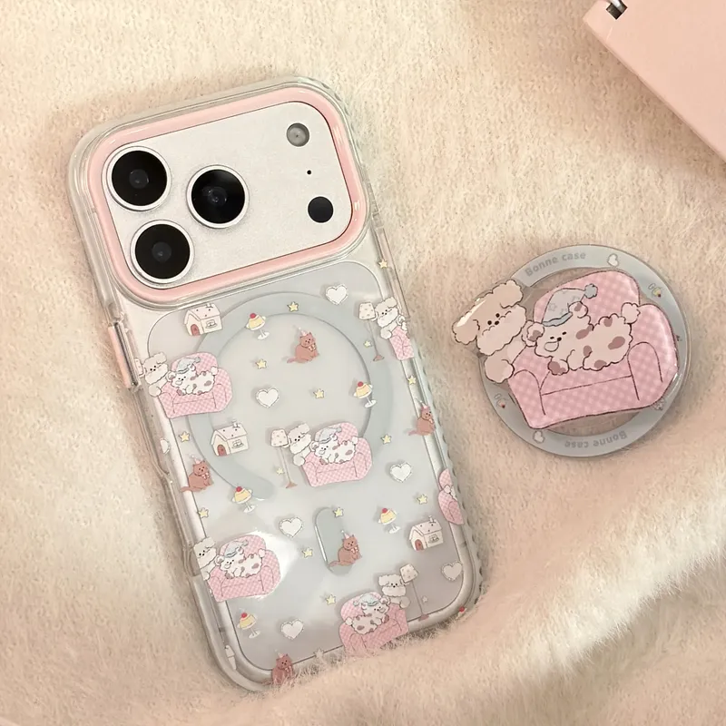Koreanische Cartoon Rosa Sofa Welpenhaus Halter Magnetische Handyhülle für iPhone 17 16 15 14 13 12 Pro Max Klare stoßfeste Softcover