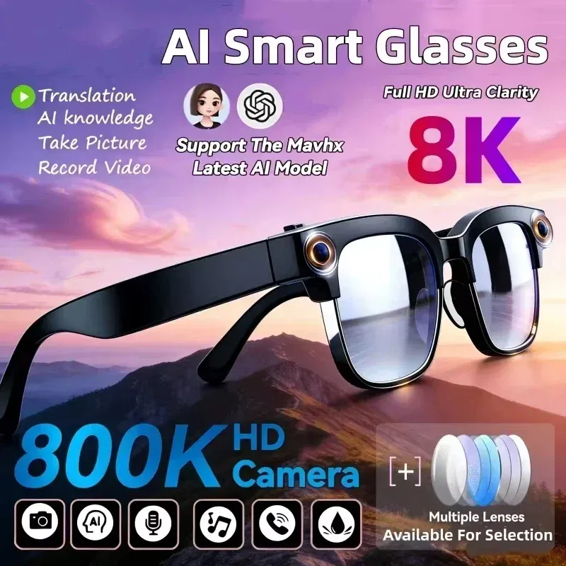 8K AI Smart-Brille mit Bluetooth-Anruffunktion, 1200MP HD-Kamera, Chat GPT Sprachassistent, Musikplayer, Übersetzer, Smart-Sonnenbrille 2026