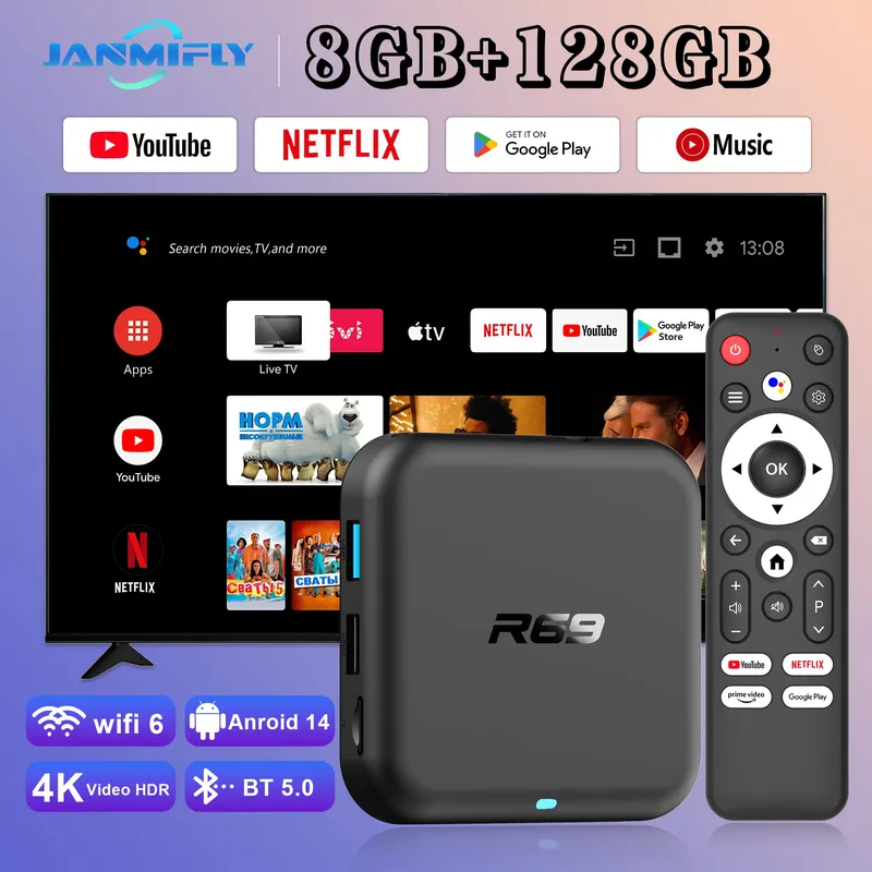 2025 Neue globale Android 14.0-TV-Box R69-1, unterstützt 4K RK3518, Bluetooth 5.0, WLAN, 6 RAM, 8 GB ROM, 128 GB, mehrsprachige Smart-TV-Box