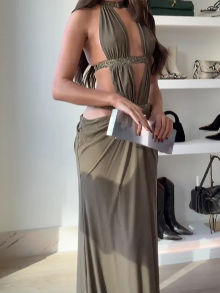 Aushöhlen Neckholder Maxikleid Sexy Plissee Solide Ärmellos Schulterfrei Rückenfrei Schlanke Frauen Kleider 2025, Mode Party Kleider