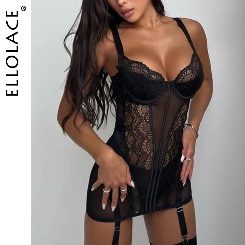 Ellolace Willowy Hot Hot Dessous Tempted Korsett Kleid Tanga 2PC Steif Durchsichtige Spitze Mini Body Premium Damenunterwäsche