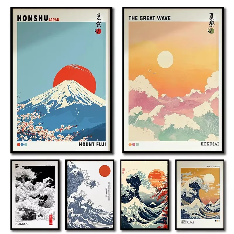 1-Wellen-Landschaft, japanisches Wandkunst-Poster, Mount Fuji Sunrise Wave, Leinwanddruck für modernes Wohnzimmer, Heimdekoration, Poster-Leinwand
