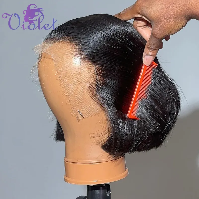 Bob-Perücke, Echthaar, 200 % Dichte, 13 x 4 HD-Spitzenfront, kurze, gerade Spitzenfront-Bob-Perücken für schwarze Frauen, Echthaar, vorgezupft