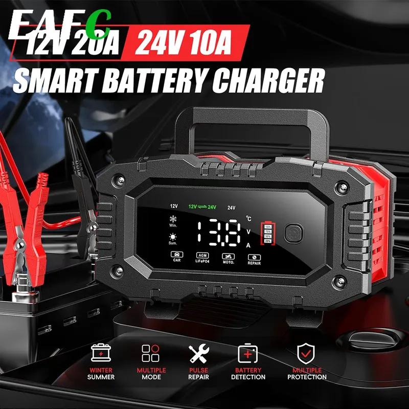 Tragbares 10A/20A-Ladegerät für Start-Stop-Batterien, Autoreparatur und Schnellladung für 12 V/24 V AGM LiFePO4-Auto, LKW, Motorrad