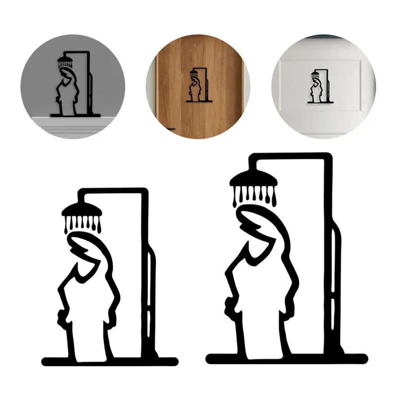 Schwarze Duschfigur Metall-Wandkunst Minimalistische Linien Badezimmer-Dekoration Rustikales Türschild Heim-Dekor Aluminiumplatte