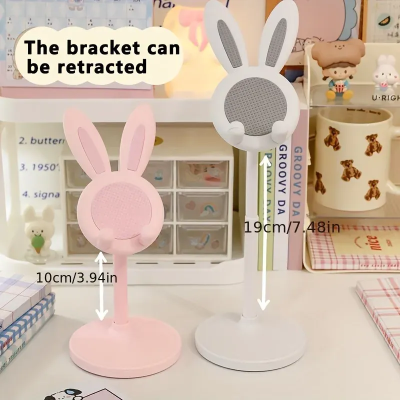 Rosa Cartoon Kleiner Hase Desktop-Handyhalter Tablet-Computer-Ständer Verstellbarer Teleskop-Halter für Studenten und Freizeitnutzer