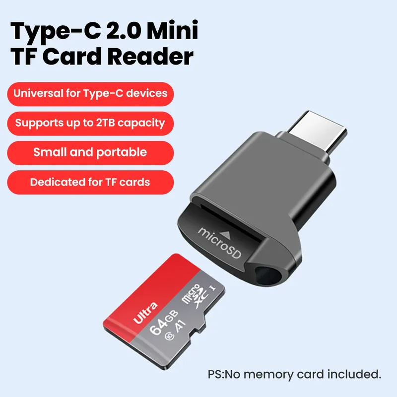 Typ-C 2.0 Mini-TF-Kartenleser, externer Speicher, schwarzer Stretch für Memory Stick USB C 2.0 für iPhone 17/16 Mini-TF-Kartenleser